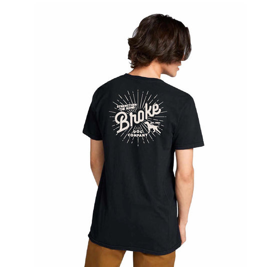 Black unisex t-shirt with 'Broke Dog Company' graphic on the back, promoting pet bonding and community.