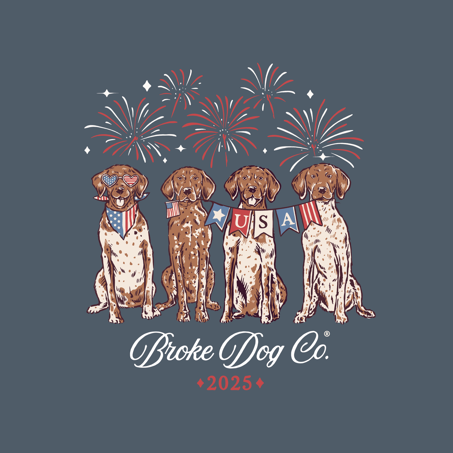 Four dogs celebrating 4th of July with fireworks and USA banners, from Broke Dog Co. Limited Edition T-shirt design.