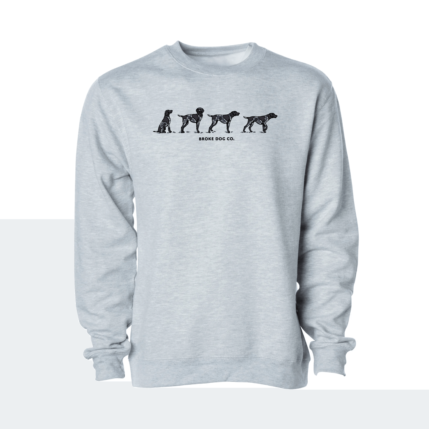 The Pointer Grey Heather sweatshirt featuring playful dog silhouettes, warm and stylish crewneck design.