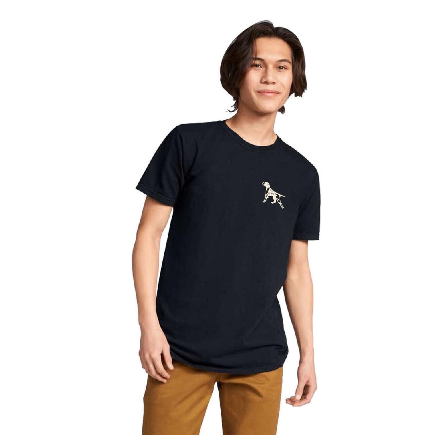 Young man wearing a black Broke Dog t-shirt, featuring a dog graphic on the chest, promoting dog-loving community spirit.