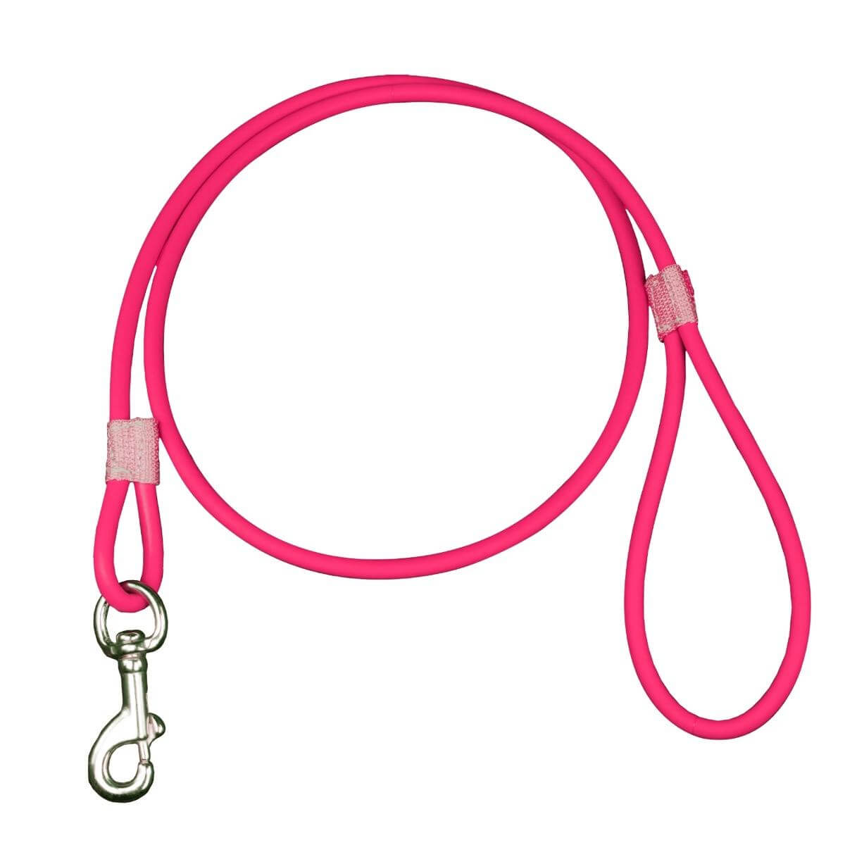 Neon pink Biothane dog leash, 4' long and 5/16" thick, durable and lightweight design.