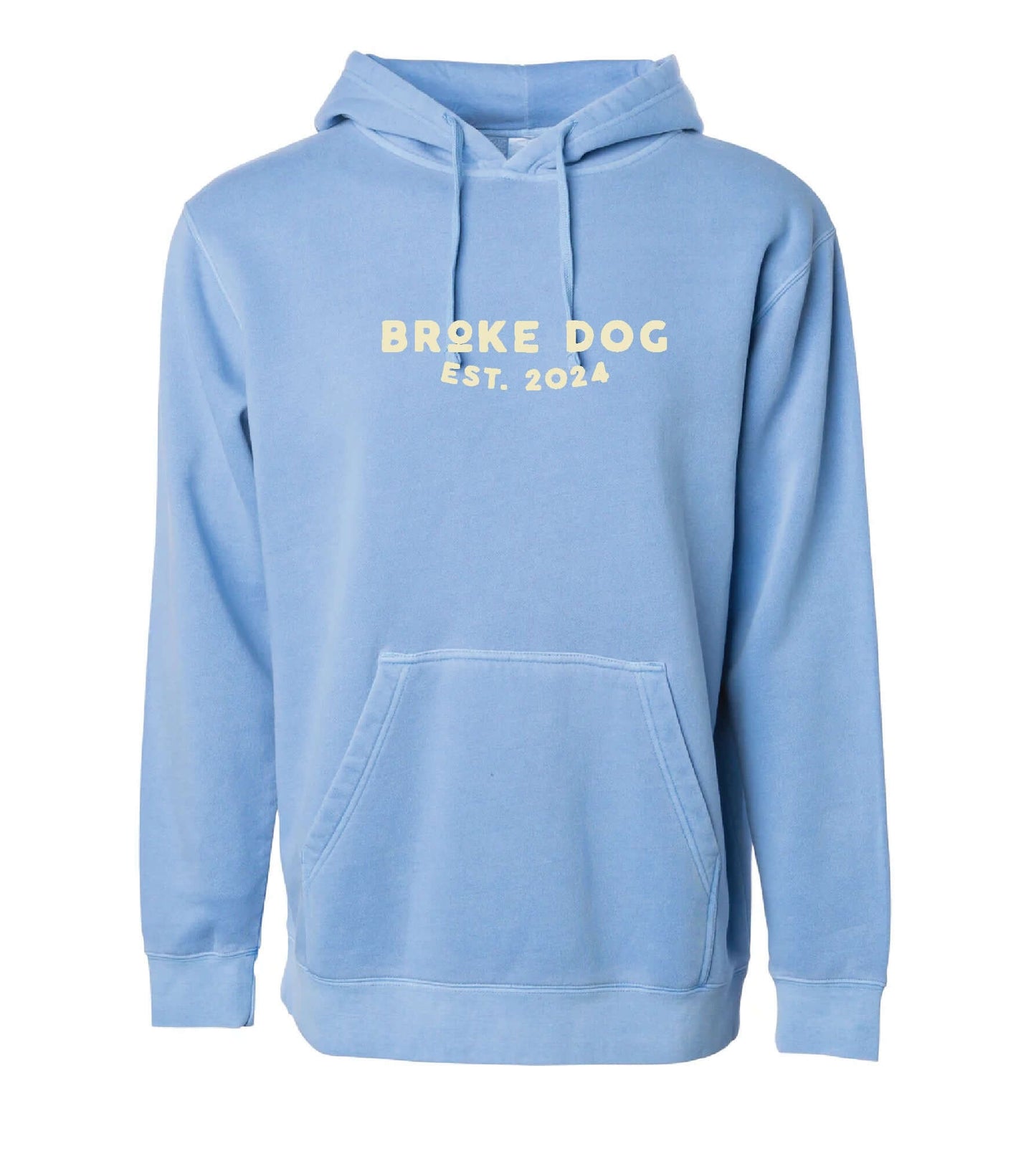 Big Stretch Hoodie in light blue with 'Broke Dog EST. 2024' print, showcasing vintage style and modern comfort.