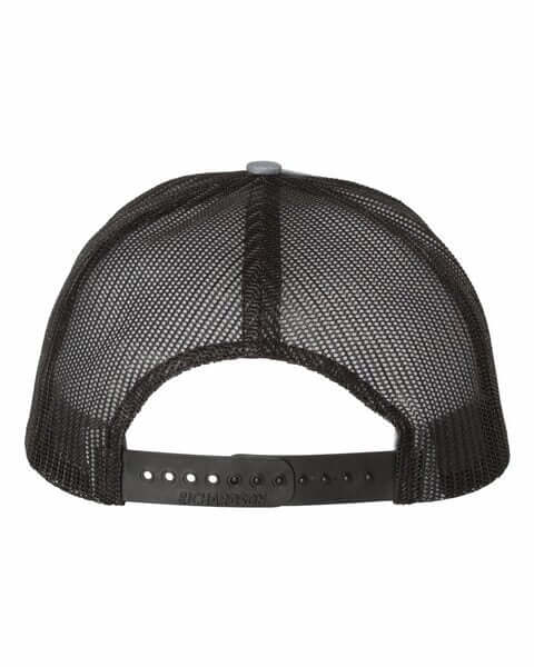 Back view of a black trucker cap featuring mesh design and adjustable strap for a comfortable fit.