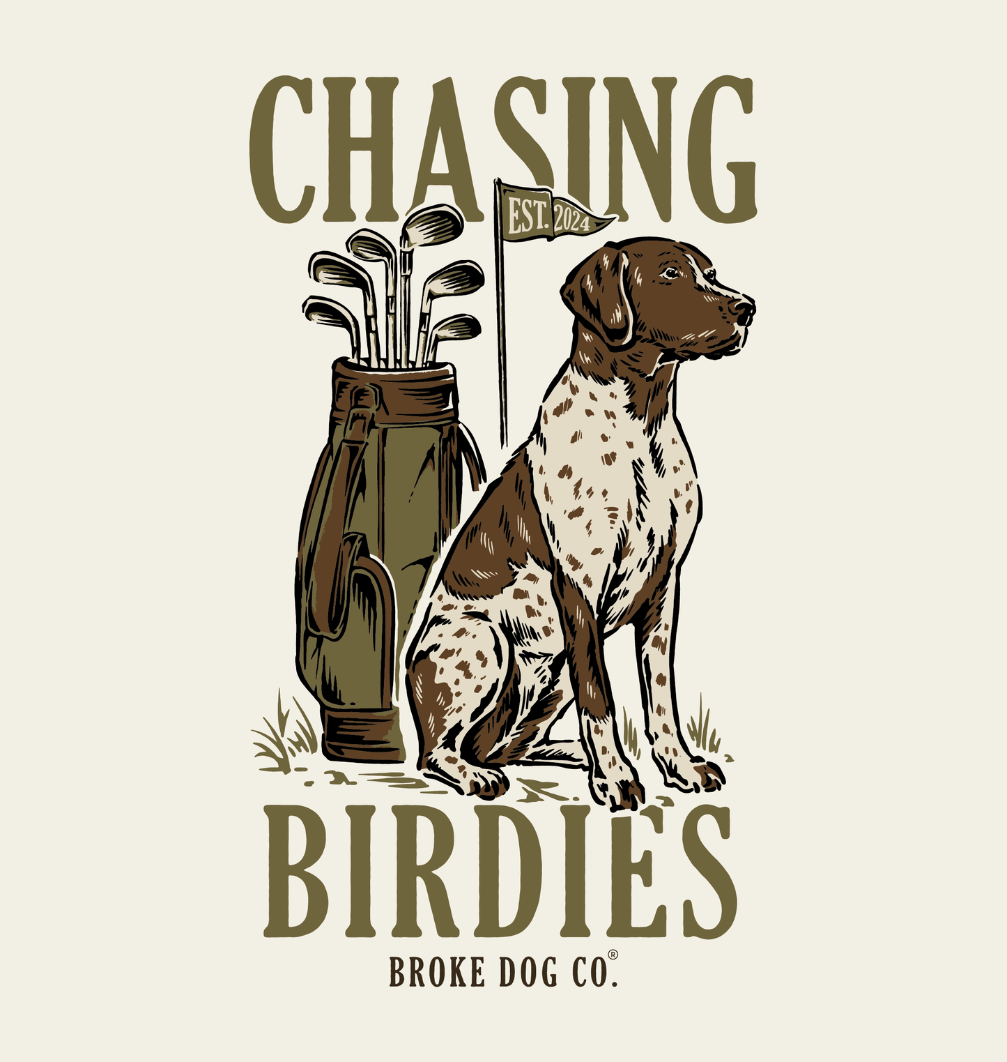 Graphic design featuring a German Shorthaired Pointer with golf clubs, captioned 'Chasing Birdies' for dog lovers.