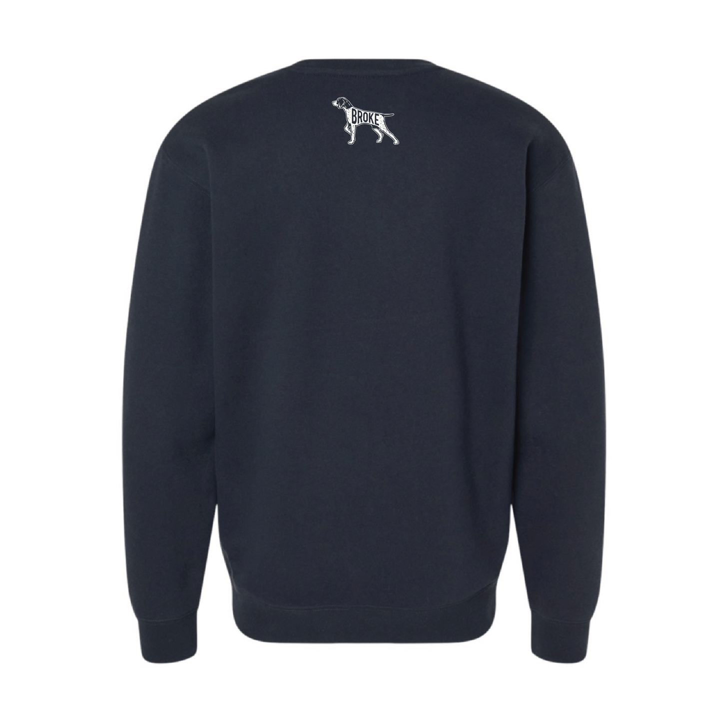 Back view of Broke Dog Co. crew neck sweatshirt featuring embroidered dog design.