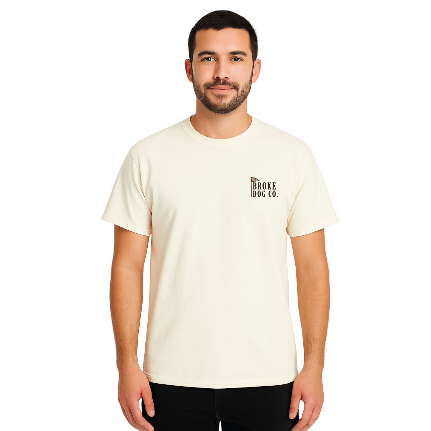 Model wearing a cream-colored Chasing Birdies tee by Broke Dog Co. in a stylish upright pose.