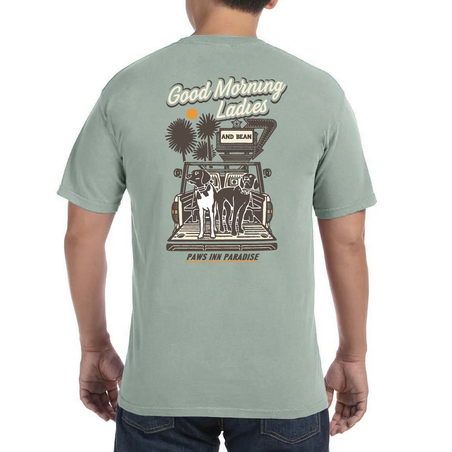 Men's Good Morning Ladies T-Shirt featuring dogs and vintage truck design, perfect for casual wear.