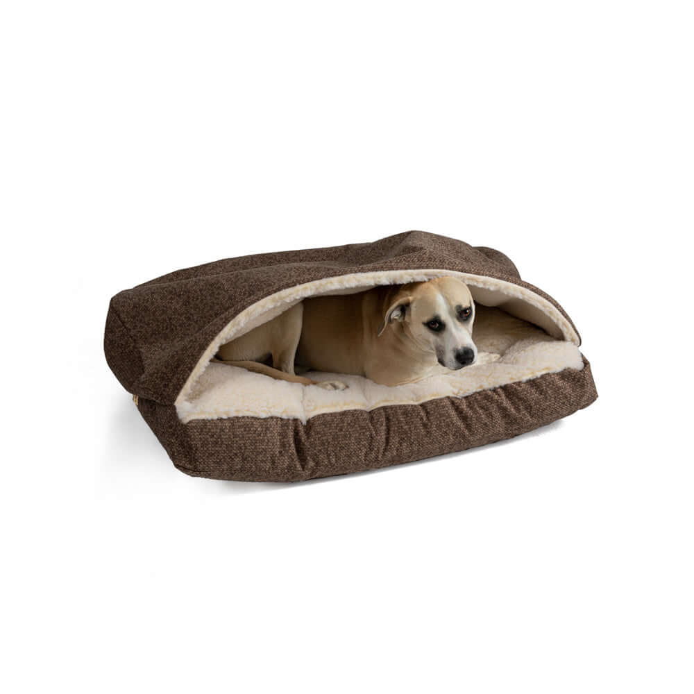 Cozy Rectangle Dog Bed with brown exterior and sherpa interior, featuring a dog comfortably nestled inside.