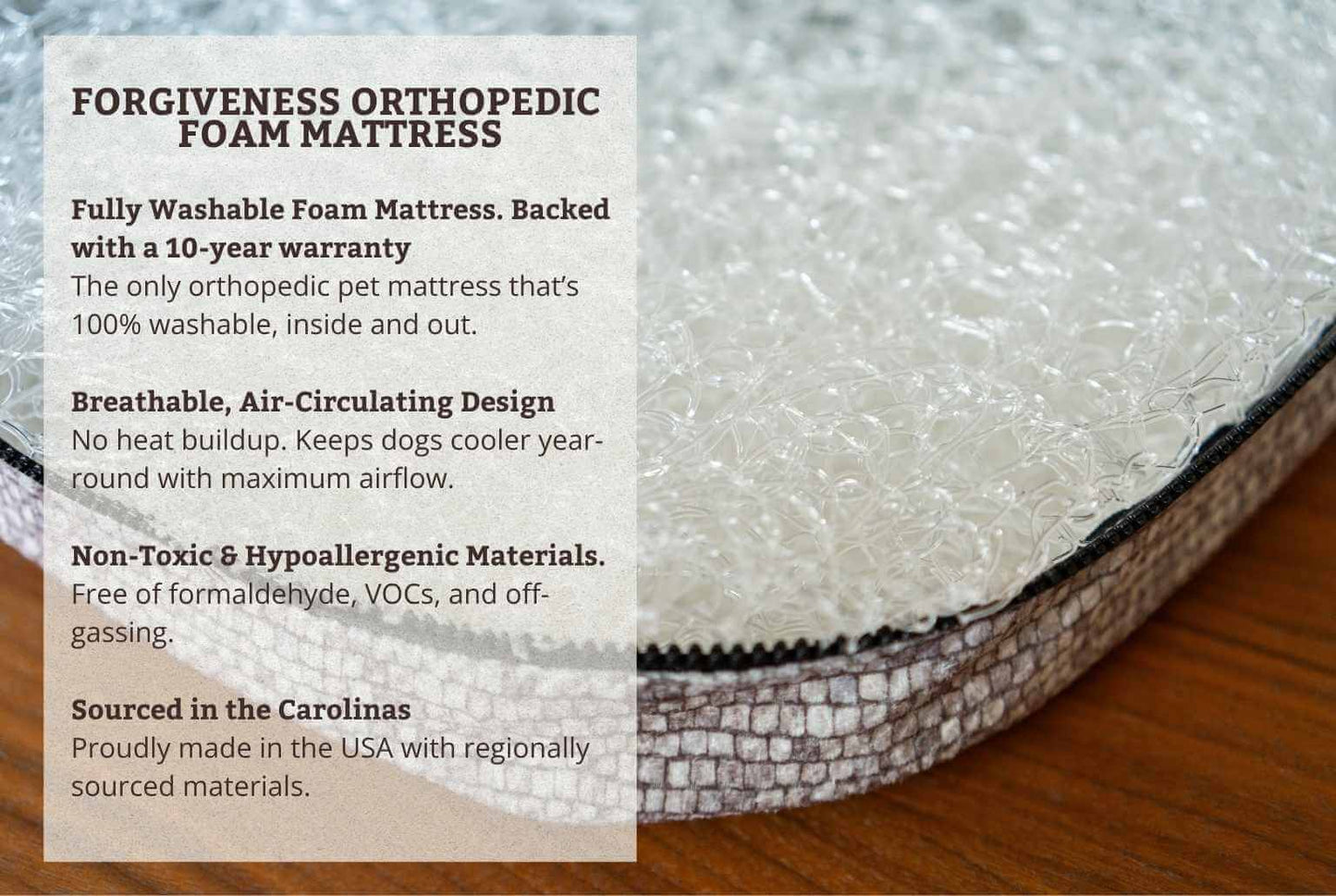 Close-up of Forgiveness Orthopedic Foam Mattress, showcasing breathable, washable design and hypoallergenic materials.