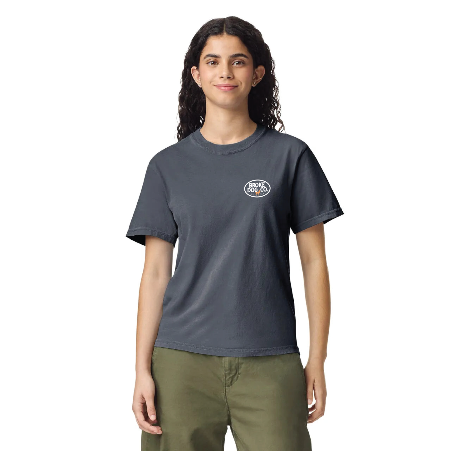Unisex comfort colors denim t-shirt by Broke Dog, showcasing relaxed fit and logo design.