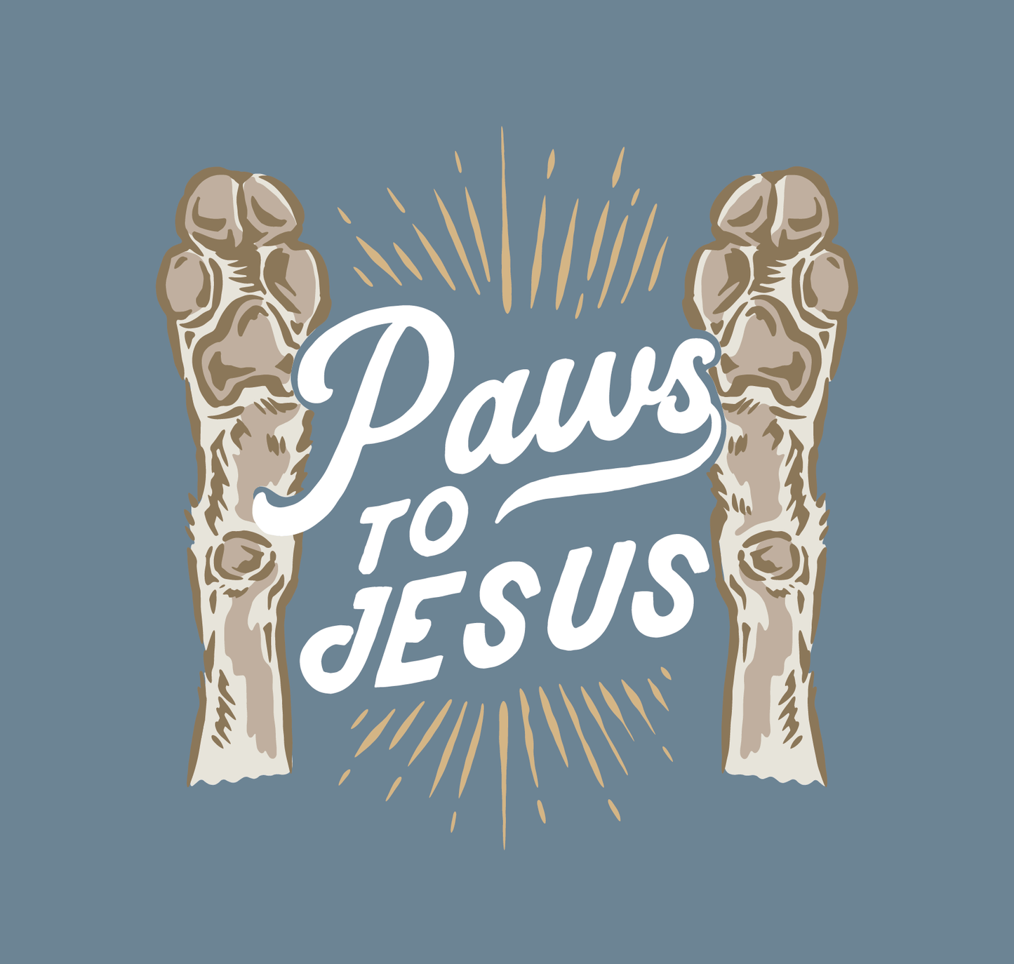 Paws to Jesus design featuring dog paws raised against an ice blue background for dog lovers' t-shirt.