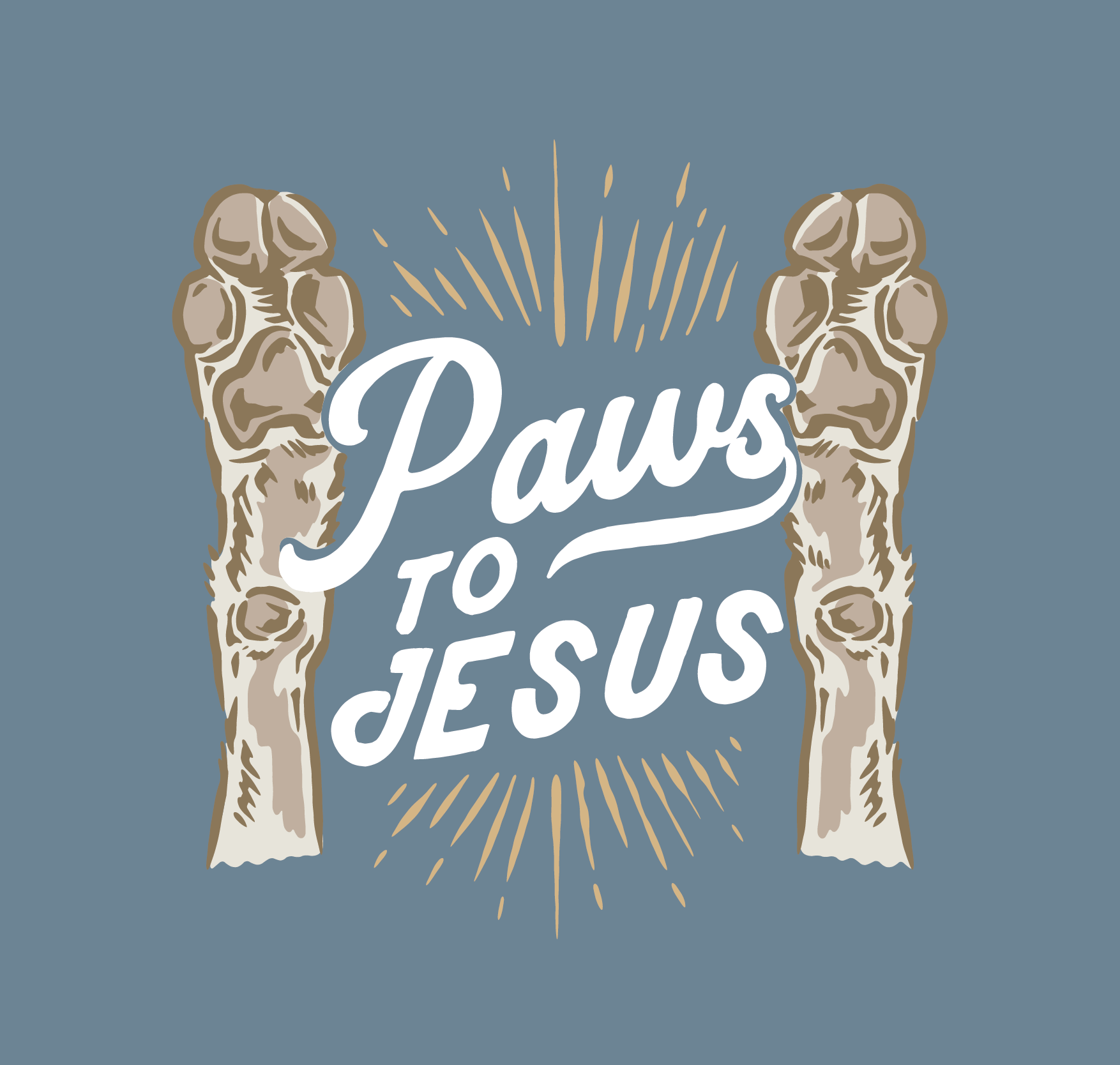 Paws to Jesus design featuring dog paws raised against an ice blue background for dog lovers' t-shirt.