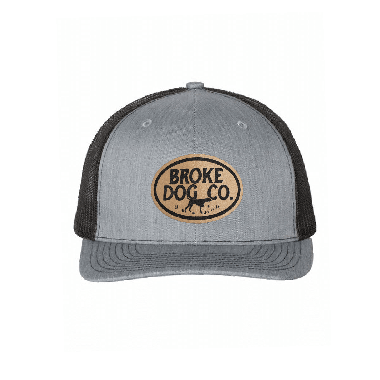 Broke Dog Co. trucker cap in heather gray and black with leather patch, perfect for dog lovers.