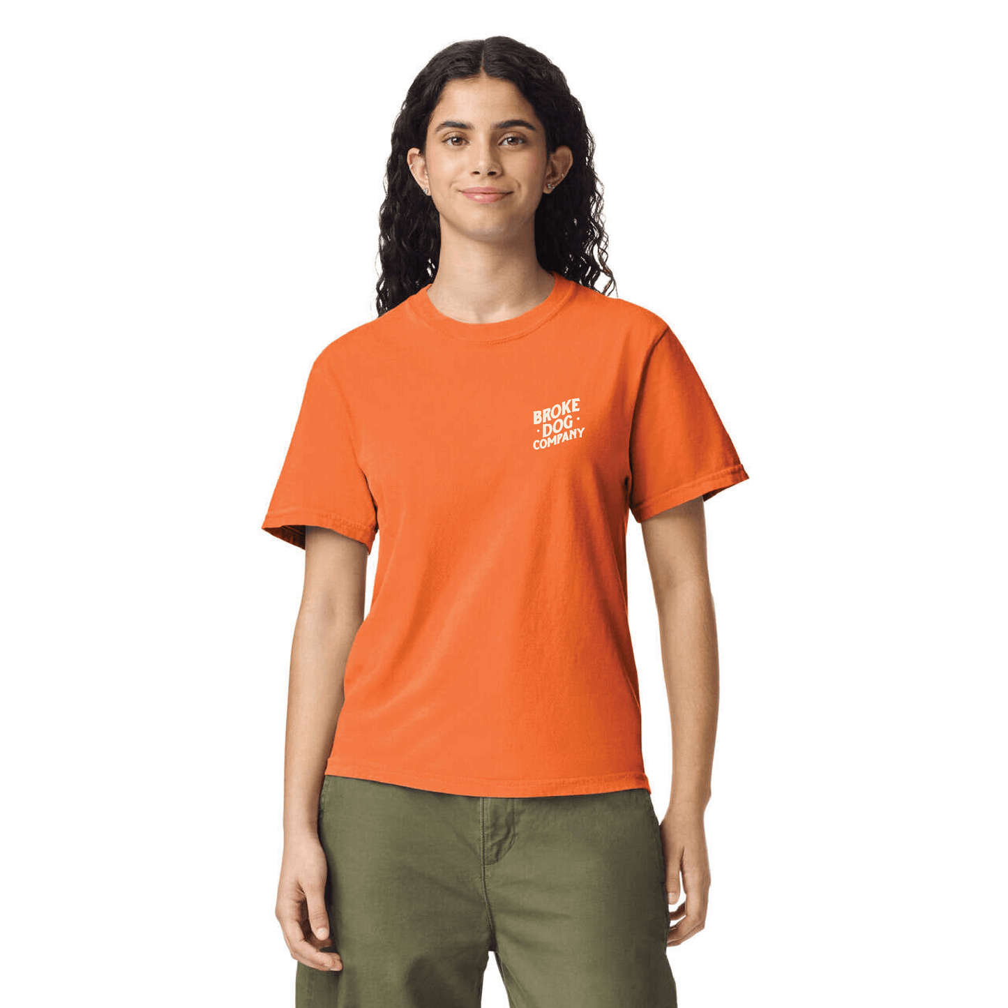 Bold orange shirt from Broke Dog Co. featuring relaxed fit and playful design for dog lovers.
