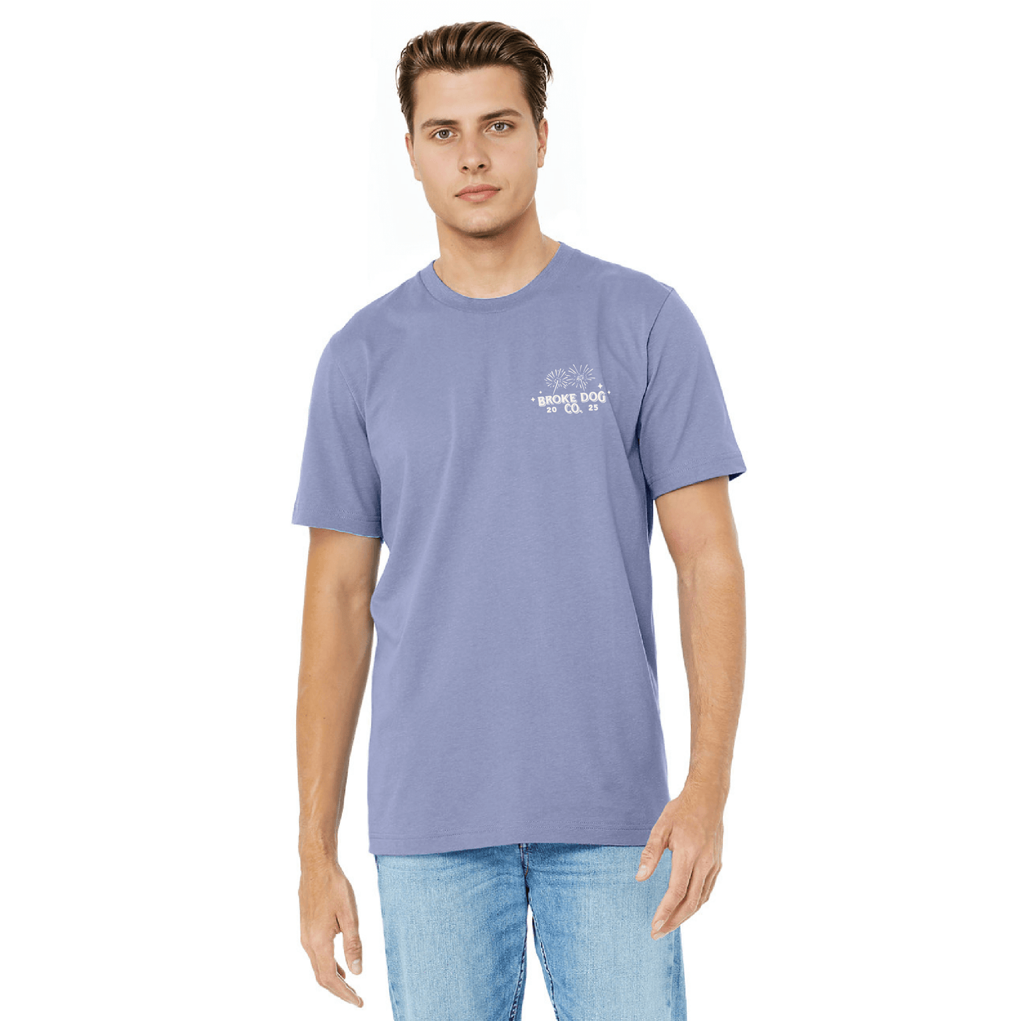 Man wearing a blue lavender 'Cooler Pups' tee from Broke Dog Co., perfect for summer celebrations.