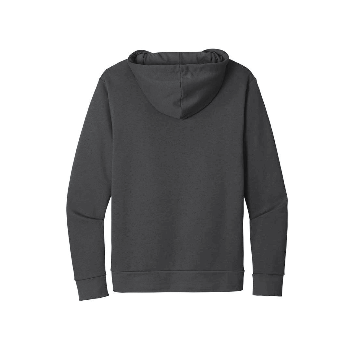 Back view of the 'Load Up' hoodie in dark gray, featuring a sueded hood and ribbed cuffs for a snug fit.