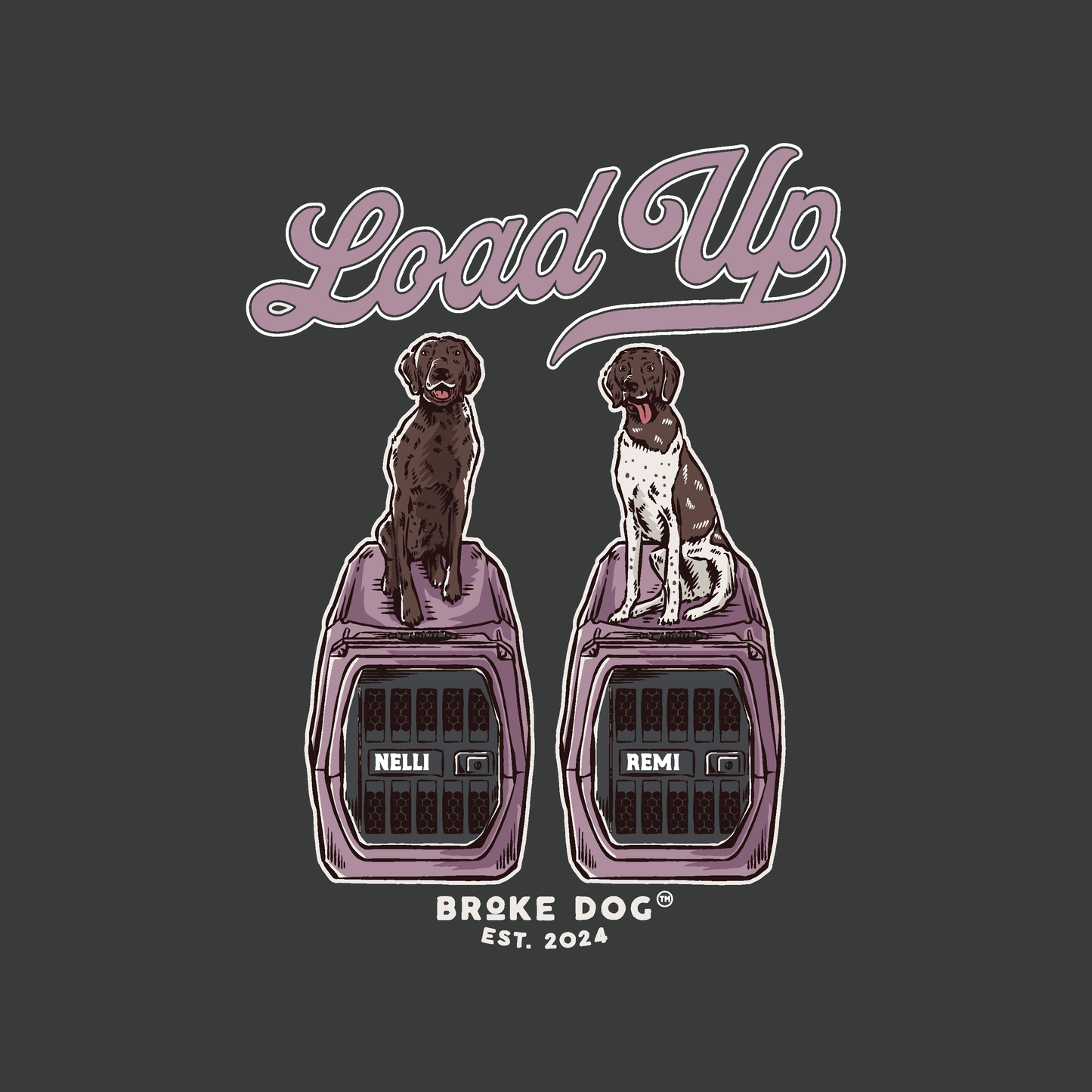 Graphic of two dogs named Nelli and Remi atop crates with 'Load Up' text, representing the Broke Dog brand.