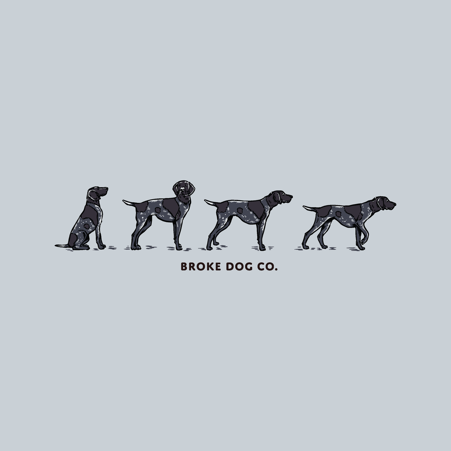 Illustration of four dogs in different poses with 'Broke Dog Co.' text below on a grey background.