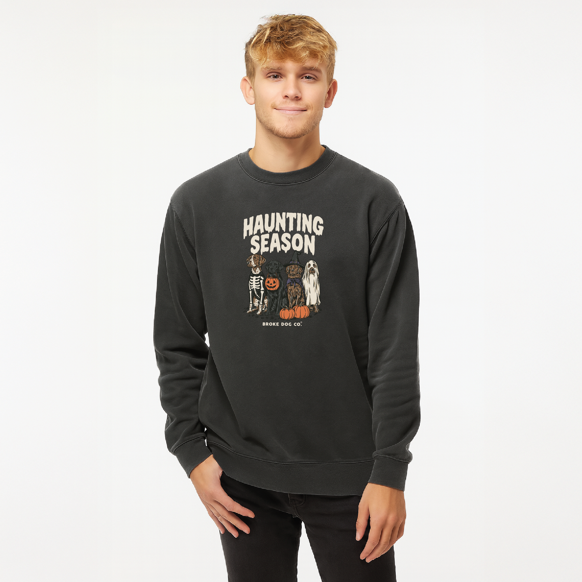 Young man wearing Haunting Season - Dog Halloween Crewneck Sweater featuring spooky dog designs.