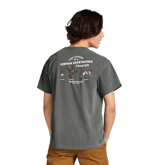 Unisex Pepper t-shirt featuring life stages of a German Shorthaired Pointer design by Broke Dog Co.