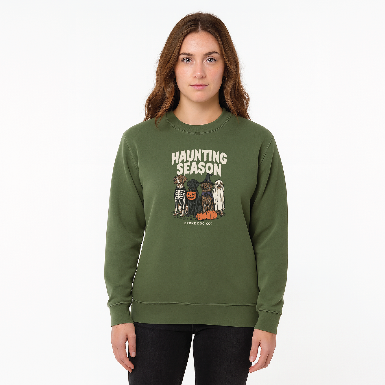 Haunting Season - Dog Halloween Crewneck Sweater featuring playful dog designs for Halloween festivities.