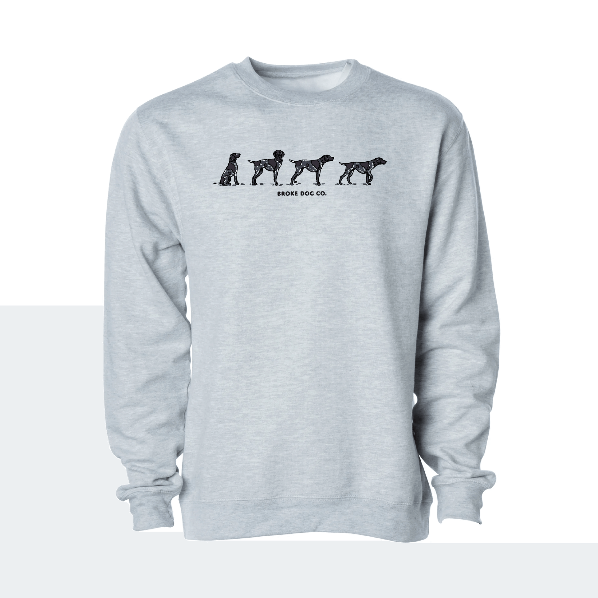 The Pointer Grey Heather sweatshirt featuring playful dog silhouettes, warm and stylish crewneck design.