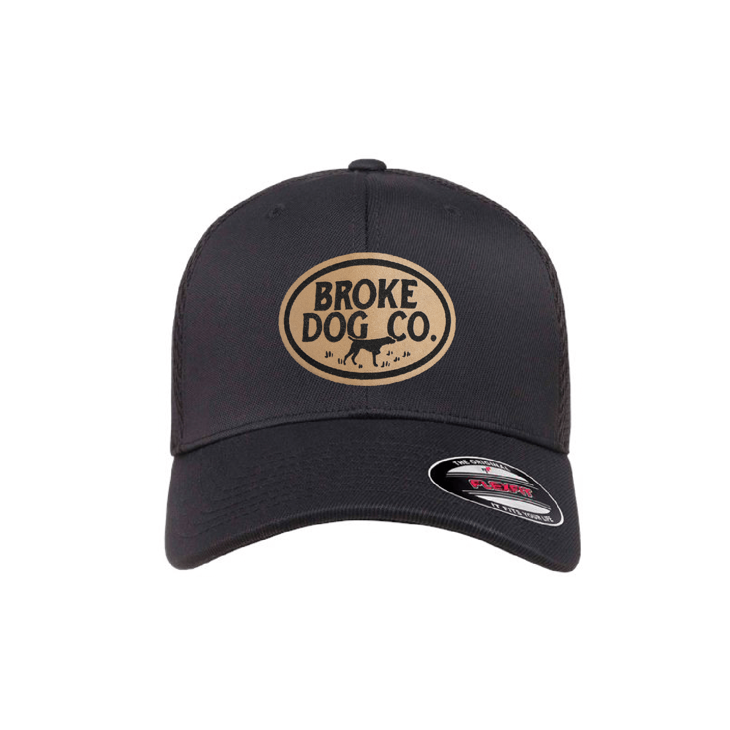 Broke Dog Co. Flex Fit Cap in black with leather patch for dog lovers, perfect for stylish everyday wear.