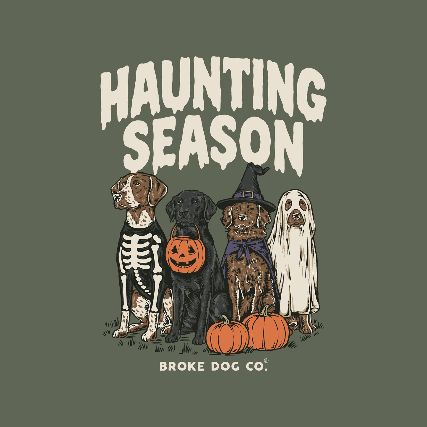 Haunting Season - Dog Halloween Crewneck Sweater featuring dogs in costumes with pumpkins and spooky elements.