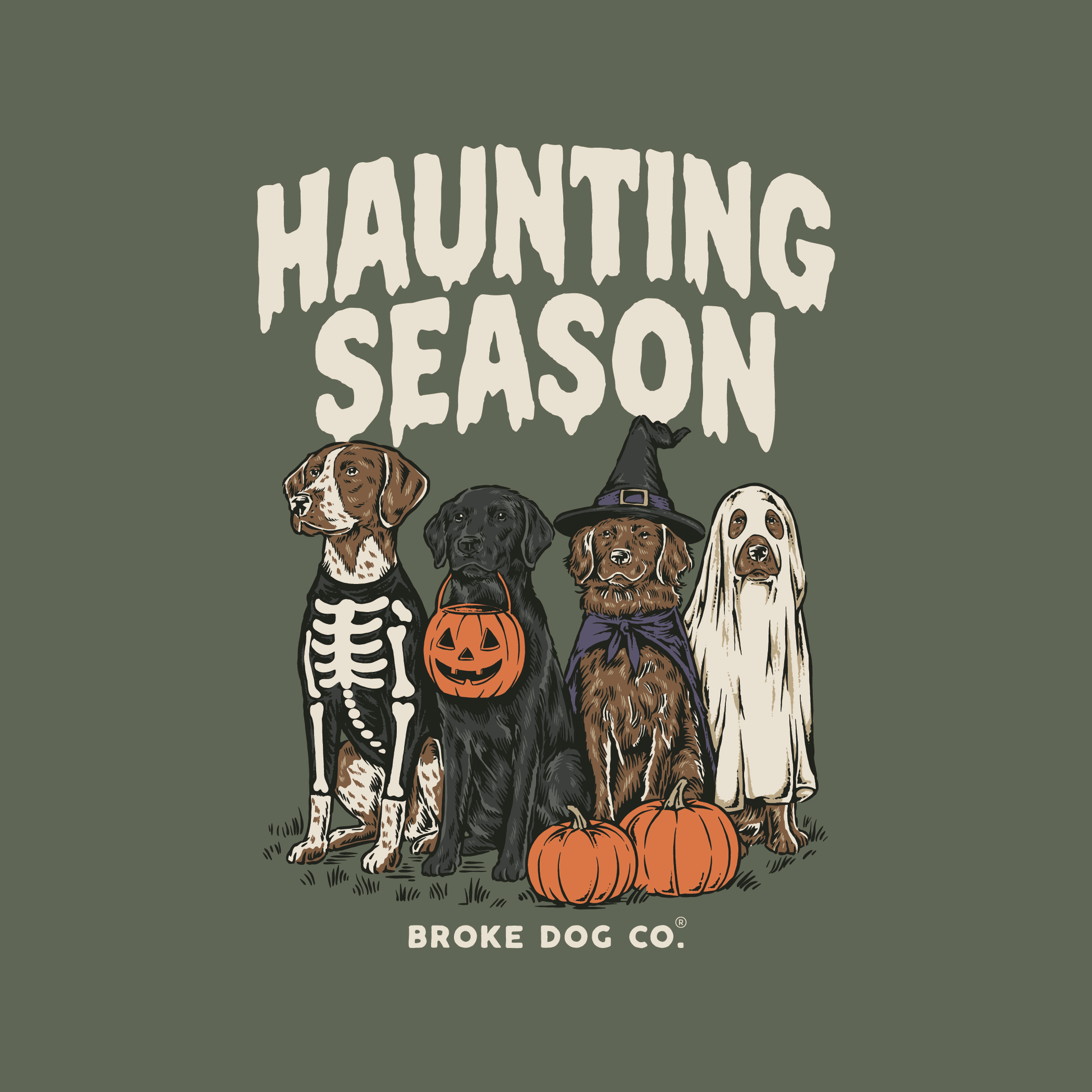 Haunting Season - Dog Halloween Crewneck Sweater featuring dogs in costumes with pumpkins and spooky elements.