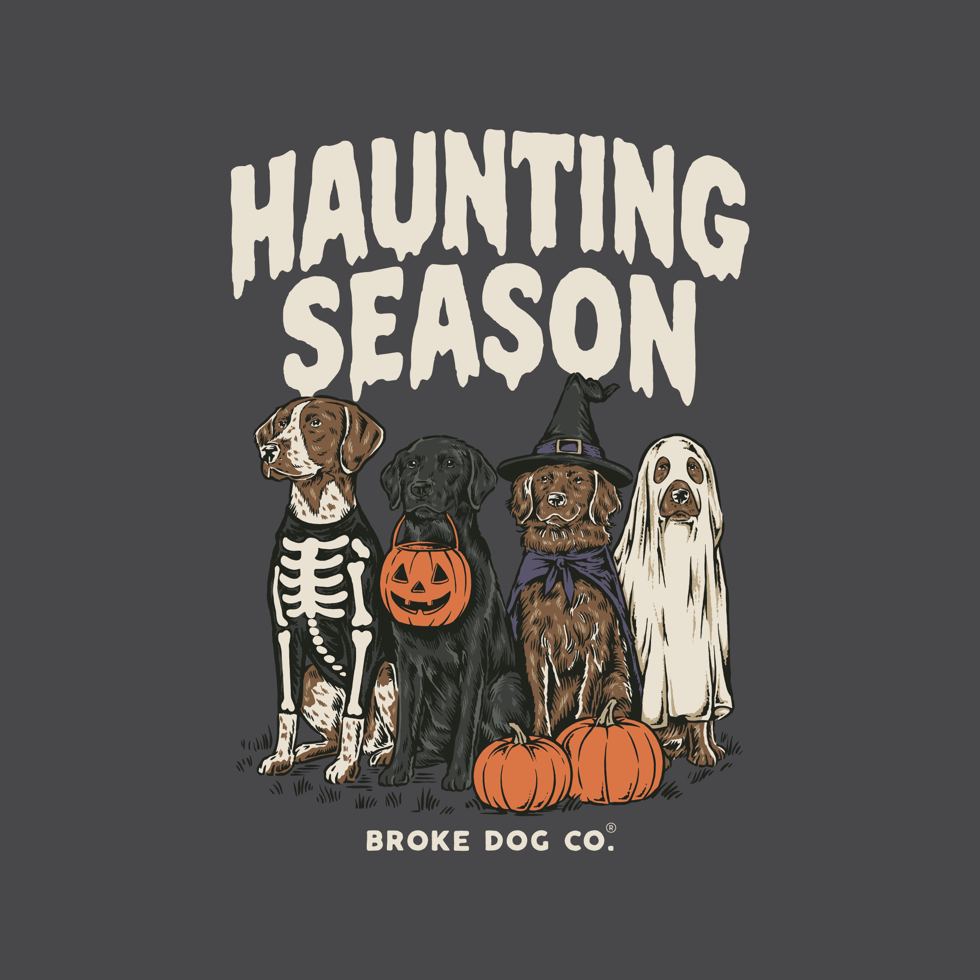 Haunting Season - Dog Halloween Crewneck Sweater featuring dogs in costumes with pumpkins.