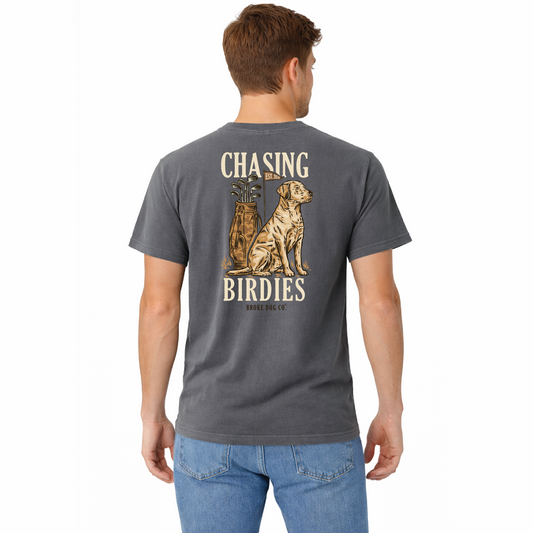 Chasing Birdies - Labrador Retriever T-Shirt with Golf Accents Back