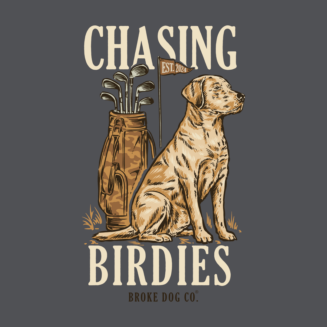 Chasing Birdies - Labrador Retriever T-Shirt with Golf Accents Back Design