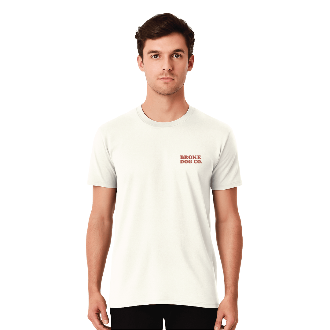 Model wearing white 'Here for the Glizzies' Summer Fun T-Shirt by Broke Dog Co., perfect for dog lovers.
