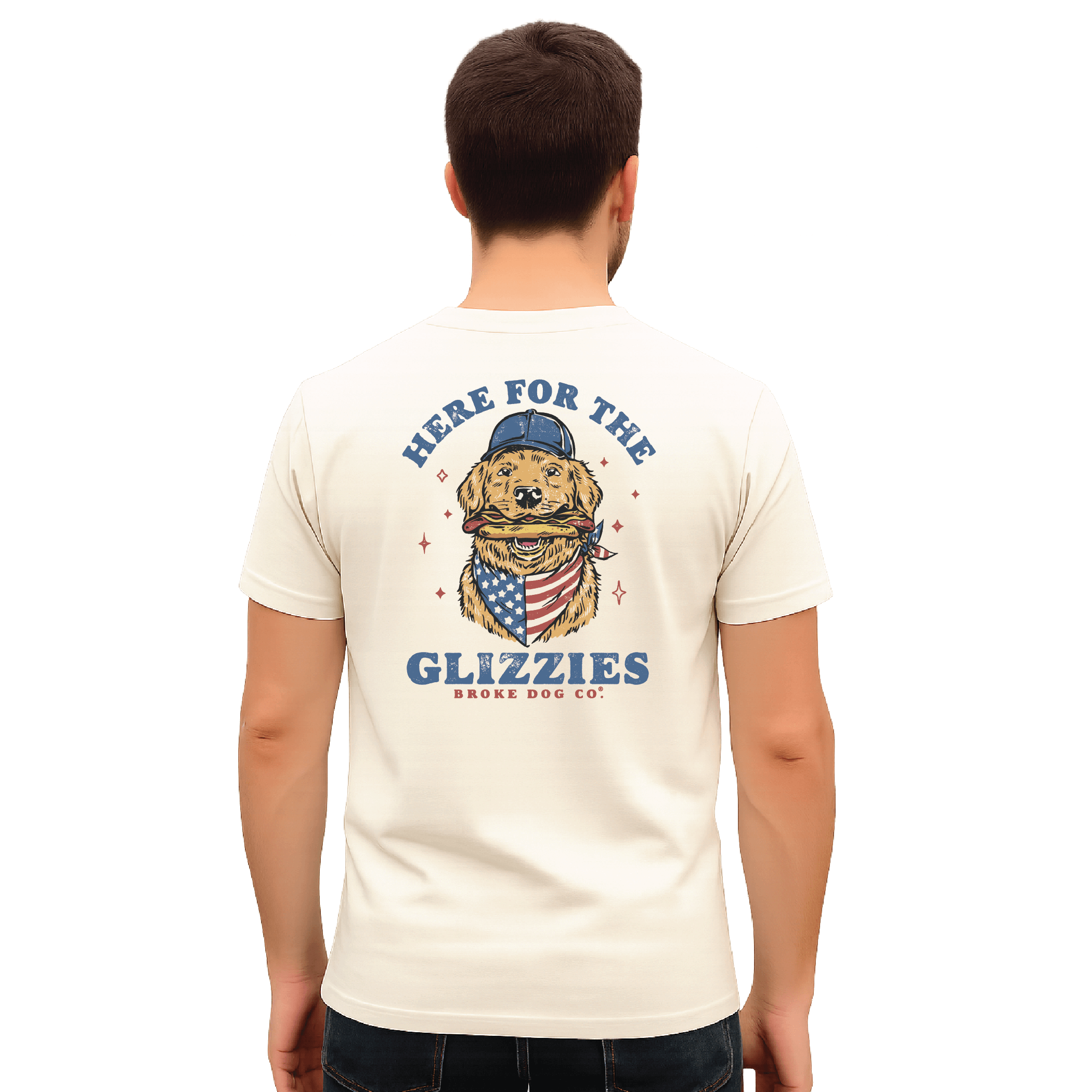 Back view of a man wearing 'Here For The Glizzies' summer t-shirt featuring a golden retriever design.