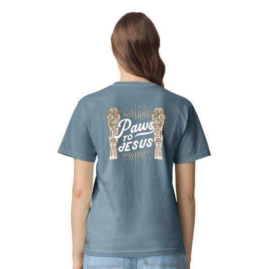 Back view of Ice Blue Paws to Jesus T-Shirt for dog lovers, featuring a unique paw print design.