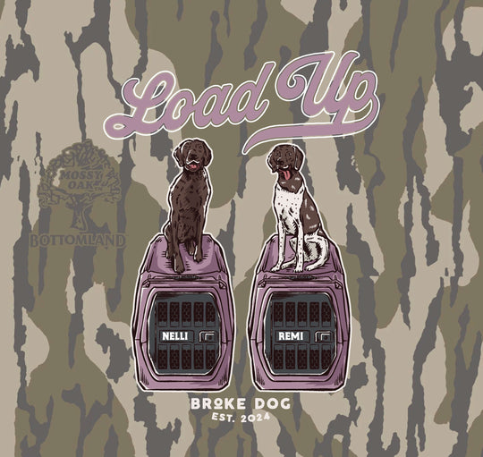 Illustration of two dogs on dog carriers with 'Load Up' text, featuring Mossy Oak design for Broke Dog brand.