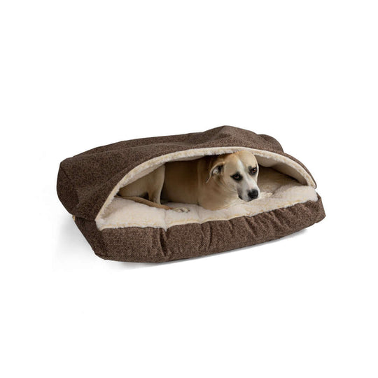 Cozy Rectangle Dog Bed with brown exterior and sherpa interior, featuring a dog comfortably nestled inside.