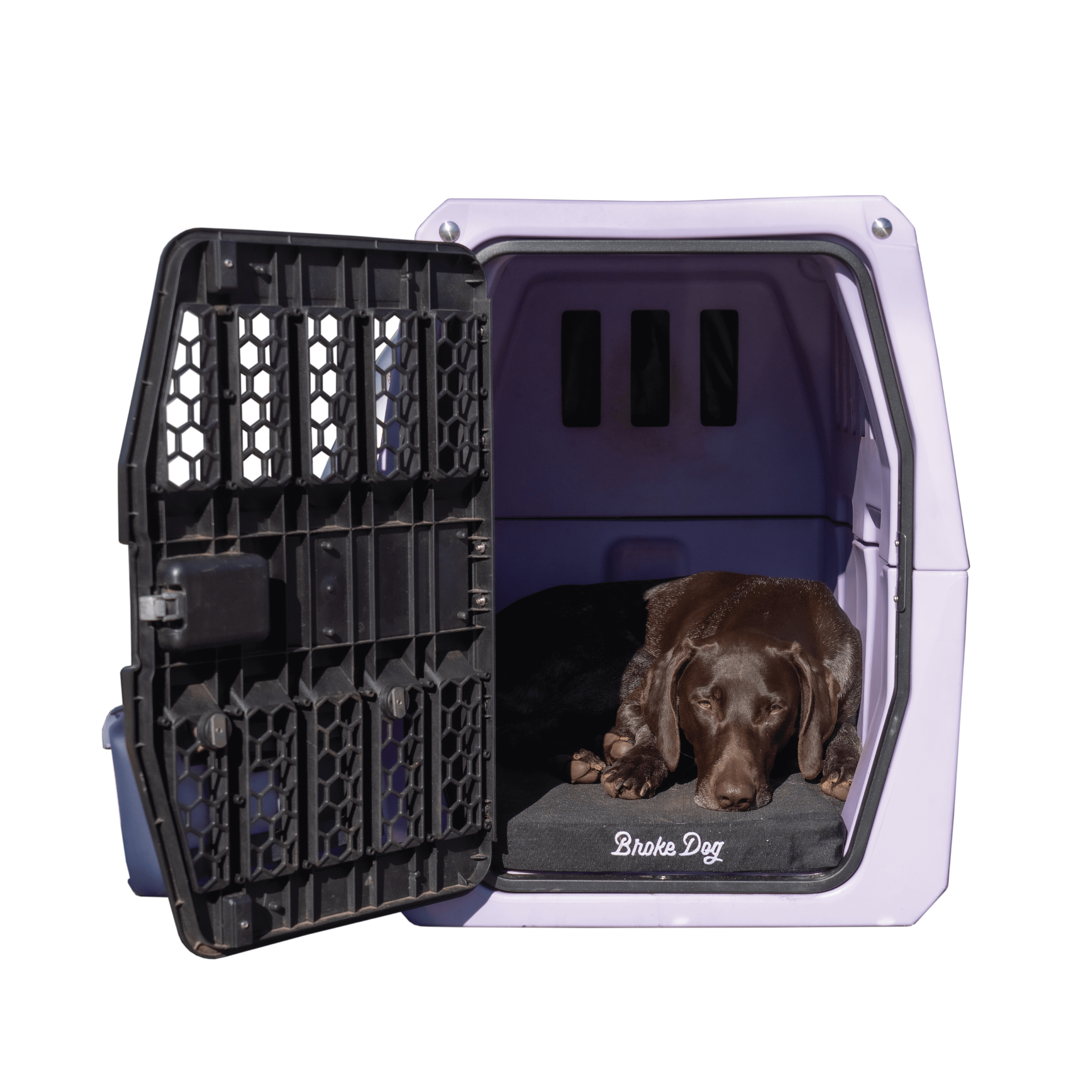 Broke Dog Venture Pro Kennel Pad in Gunner Kennel with a dog resting comfortably inside.