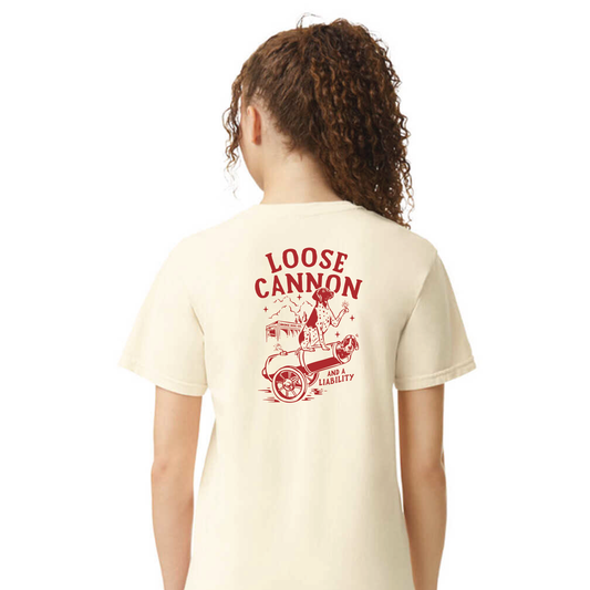 Loose Cannon T-Shirt in ivory showing back graphic design featuring a playful dog with a cannon and text.