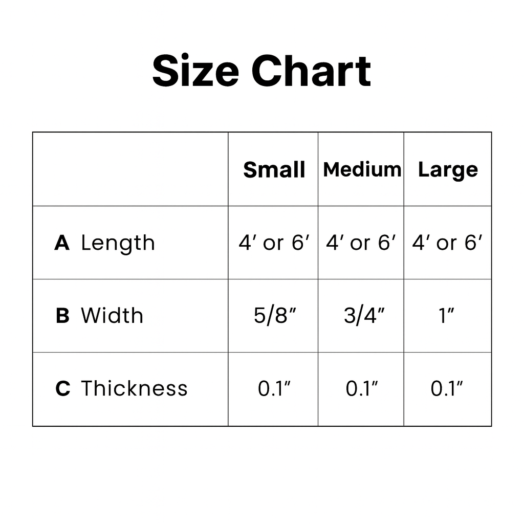 Size chart for dog leashes showing dimensions for small, medium, and large sizes.