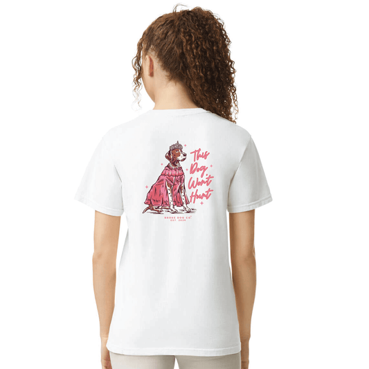 Back view of white 'This Dog Won't Hunt' t-shirt featuring a whimsical dog illustration.