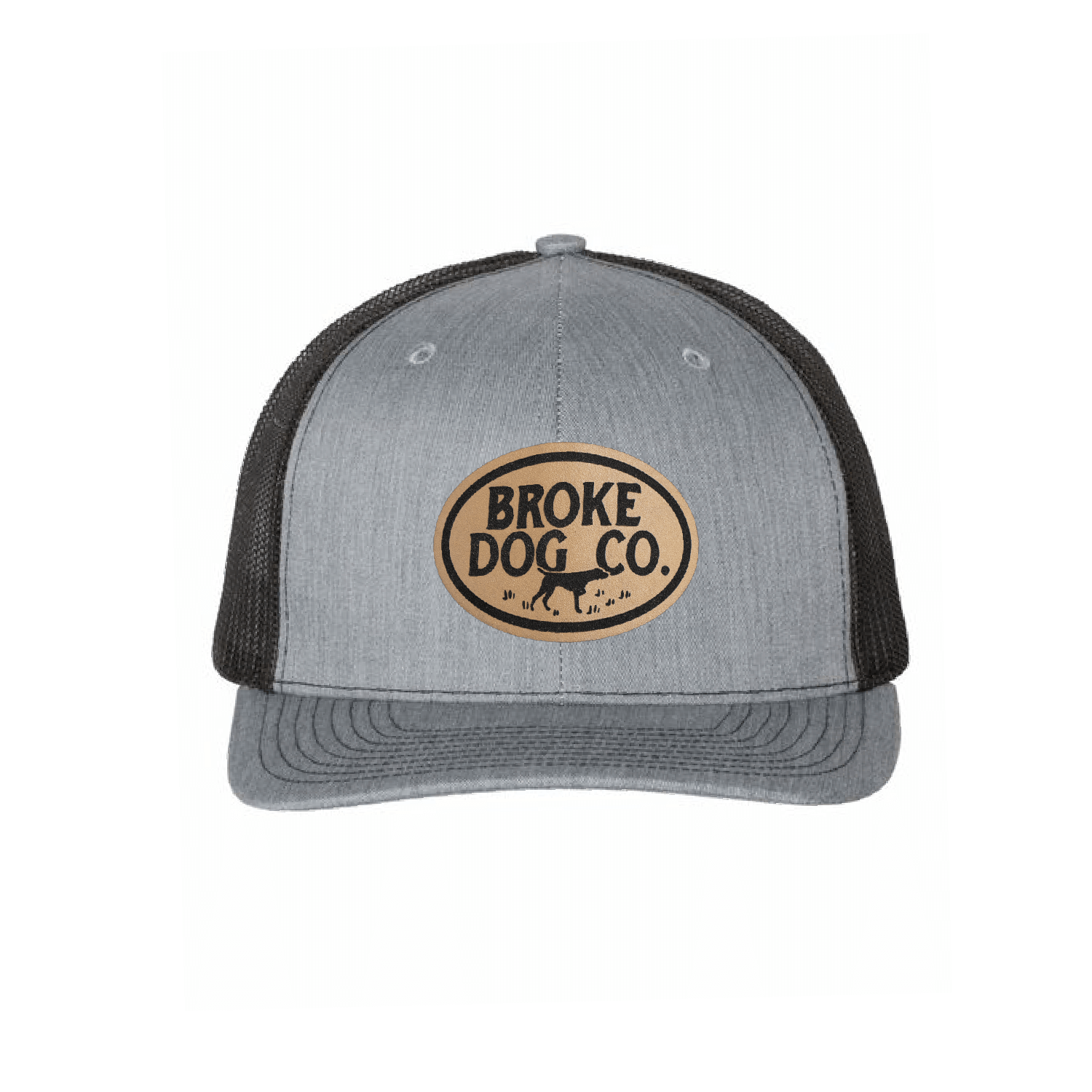 Broke Dog Co. trucker cap in heather gray and black with leather patch, perfect for dog lovers.