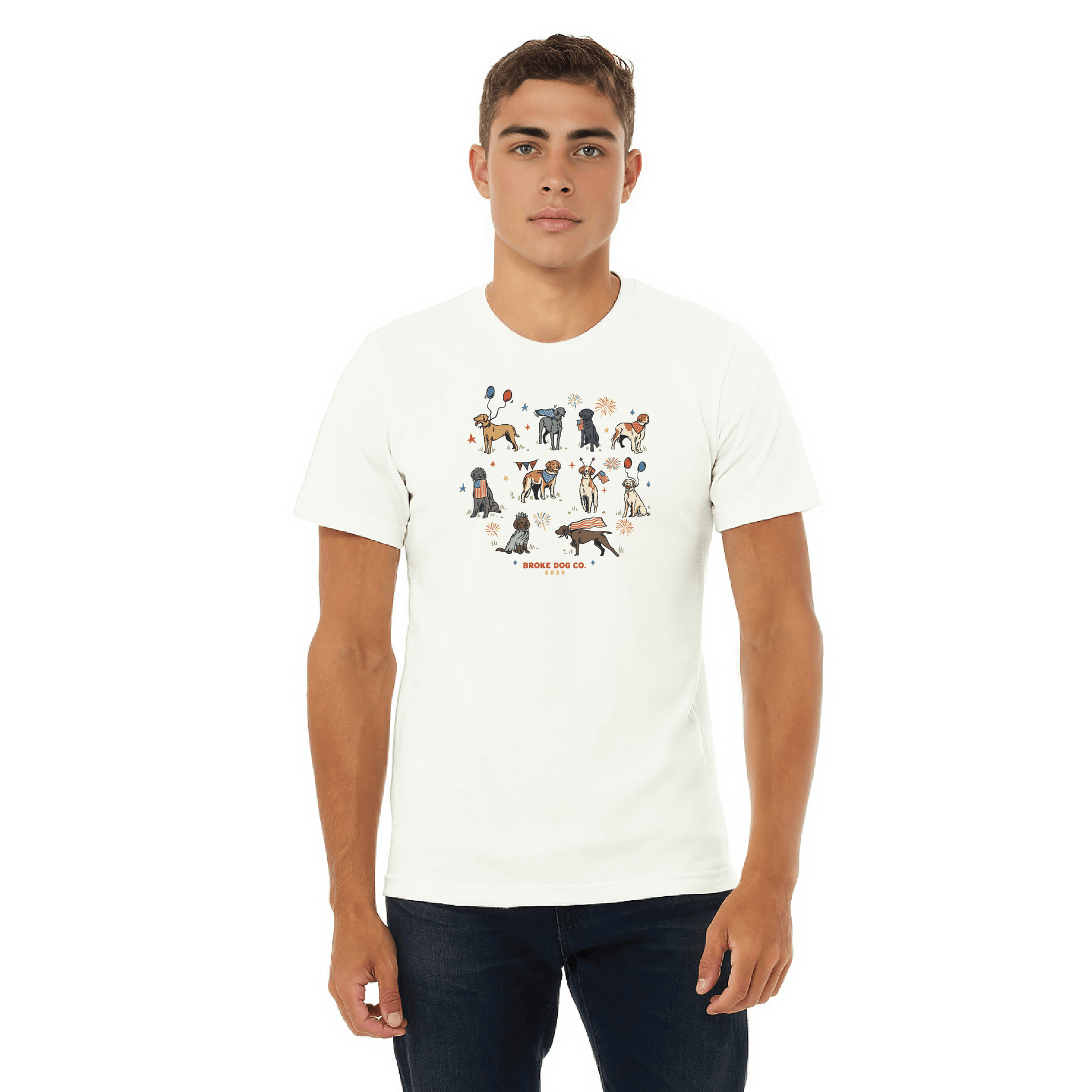 Broke Dog 4th of July vintage white shirt featuring festive dog graphics for dog lovers.