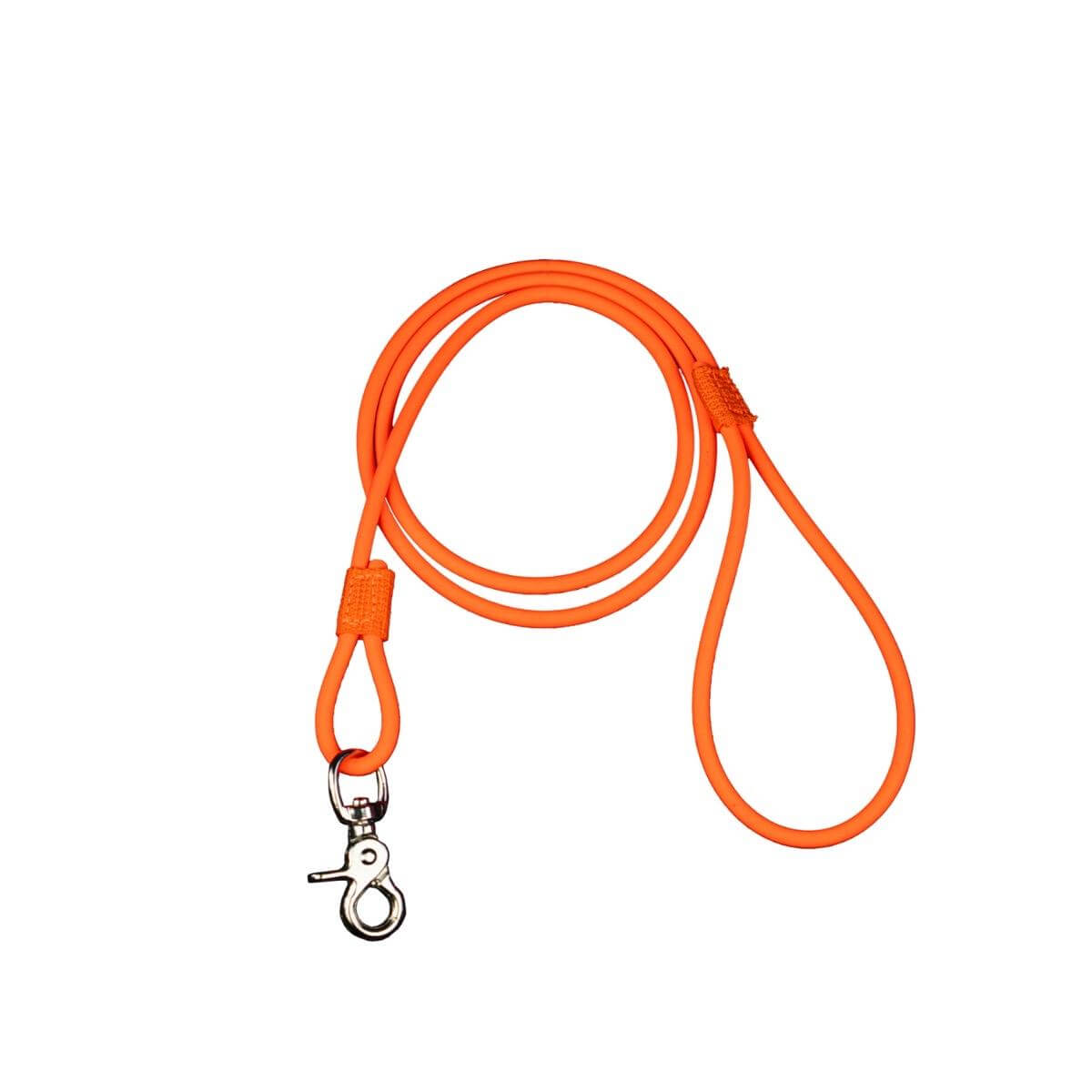 Neon orange biothane dog leash, 4' long and 1/4" thick, lightweight and waterproof for outdoor adventures.