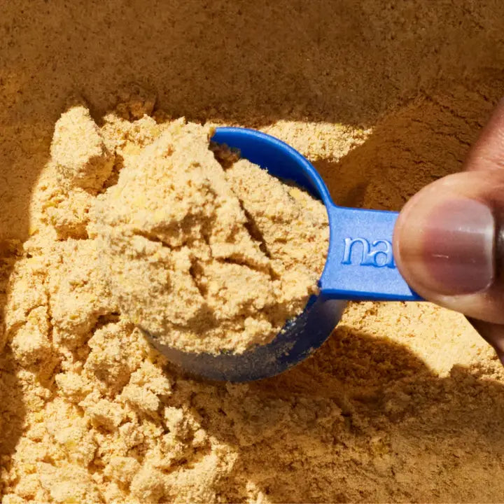 The Daily Powder Supplement for Dogs scoop filled with multivitamin powder for dogs' health and nutrition.