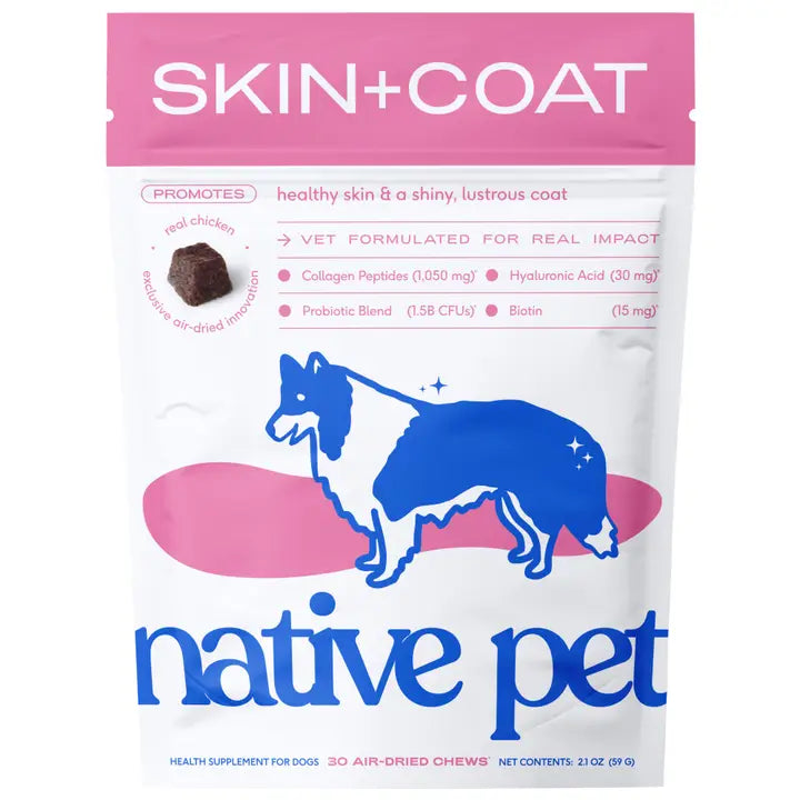 Skin + Coat Chews Skin & Coat Supplement For Dogs package featuring air-dried chews for healthy skin and coat.