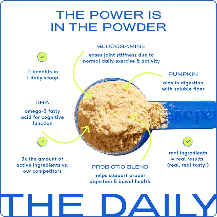 The Daily Powder Supplement for Dogs showcases benefits like gut health and mobility in a scoop of powder.