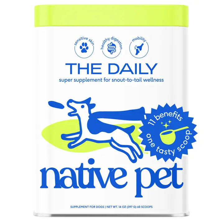 The Daily Powder Supplement for Dogs packaging featuring a playful dog, promoting 11 health benefits in one tasty scoop.