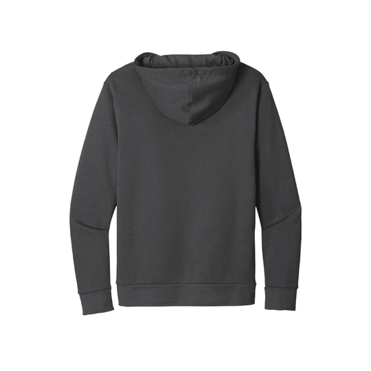 Back view of the 'Load Up' hoodie in dark gray, featuring a sueded hood and ribbed cuffs for a snug fit.